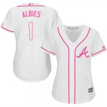 Women's Atlanta Braves #1 Ozzie Albies White Pink Fashion Stitched MLB Jersey