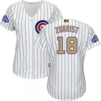 Women's Chicago Cubs #18 Ben Zobrist White(Blue Strip) 2017 Gold Program Cool Base Stitched MLB Jersey