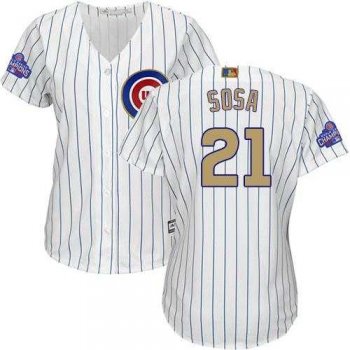 Women's Chicago Cubs #21 Sammy Sosa White(Blue Strip) 2017 Gold Program Cool Base Stitched MLB Jersey