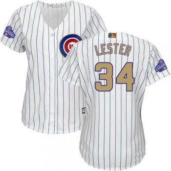 Women's Chicago Cubs #34 Jon Lester White(Blue Strip) 2017 Gold Program Cool Base Stitched MLB Jersey