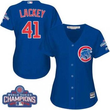 Women's Chicago Cubs #41 John Lackey Blue Alternate 2016 World Series Champions Stitched Baseball Jersey