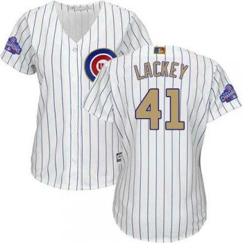 Women's Chicago Cubs #41 John Lackey White(Blue Strip) 2017 Gold Program Cool Base Stitched MLB Jersey