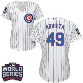 Women's Chicago Cubs #49 Jake Arrieta White(Blue Strip) Home 2016 World Series Bound Stitched Baseball Jersey