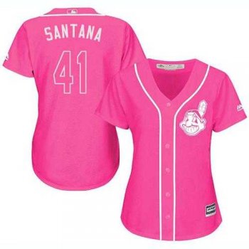 Women's Cleveland Indians #41 Carlos Santana Pink Fashion Stitched MLB Jersey