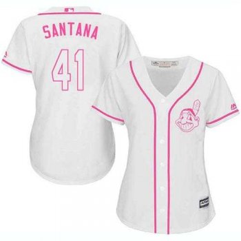 Women's Cleveland Indians #41 Carlos Santana White Pink Fashion Stitched MLB Jersey