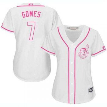 Women's Cleveland Indians #7 Yan Gomes White Pink Fashion Stitched MLB Jersey