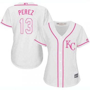 Women's Kansas City Royals #13 Salvador Perez White Pink Fashion Stitched MLB Jersey