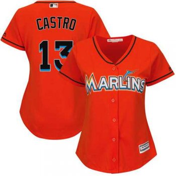 Women's Miami Marlins #13 Starlin Castro Orange Alternate Stitched MLB