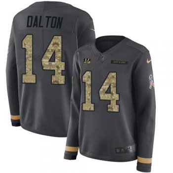 Women's Nike Cincinnati Bengals #14 Andy Dalton Anthracite Salute to Service Stitched NFL Limited Therma Long Sleeve Jersey