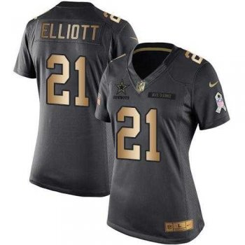 Women's Nike Dallas Cowboys #21 Ezekiel Elliott Anthracite Stitched NFL Limited Gold Salute to Service Jersey