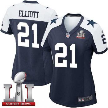 Women's Nike Dallas Cowboys #21 Ezekiel Elliott Navy Blue Thanksgiving Throwback Stitched NFL Super Bowl LI 51 Elite Jersey