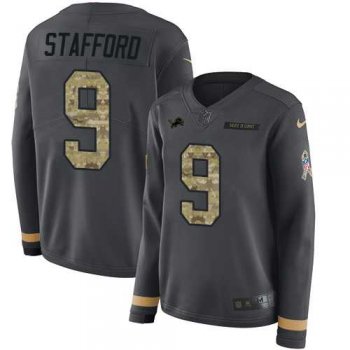 Women's Nike Detroit Lions #9 Matthew Stafford Anthracite Salute to Service Stitched NFL Limited Therma Long Sleeve Jersey