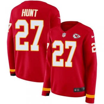 Women's Nike Kansas City Chiefs #27 Kareem Hunt Red Team Color Stitched NFL Limited Therma Long Sleeve Jersey