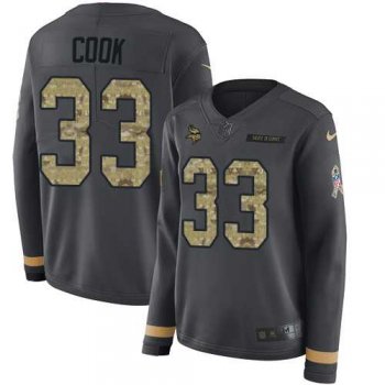 Women's Nike Minnesota Vikings #33 Dalvin Cook Anthracite Salute to Service Stitched NFL Limited Therma Long Sleeve Jersey