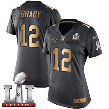 Women's Nike New England Patriots #12 Tom Brady Black Super Bowl LI 51 Stitched NFL Limited Gold Salute to Service Jersey