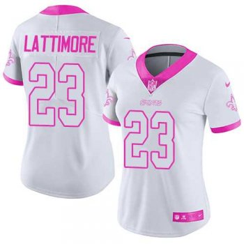 Women's Nike New Orleans Saints #23 Marshon Lattimore White Pink Stitched NFL Limited Rush Fashion Jersey