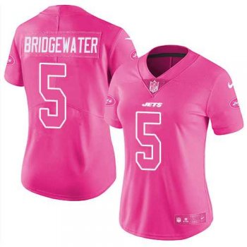 Women's Nike New York Jets #5 Teddy Bridgewater Pink Stitched NFL Limited Rush Fashion Jersey