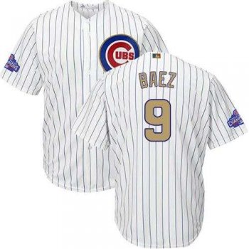 Youth Chicago Cubs #9 Javier Baez White(Blue Strip) 2017 Gold Program Cool Base Stitched MLB Jersey