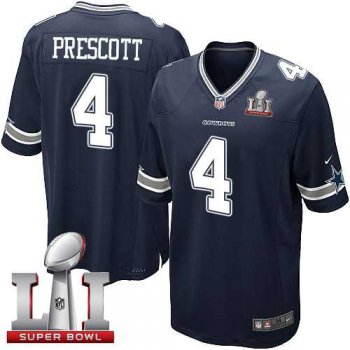 Youth Nike Dallas Cowboys #4 Dak Prescott Navy Blue Team Color Stitched NFL Super Bowl LI 51 Elite Jersey