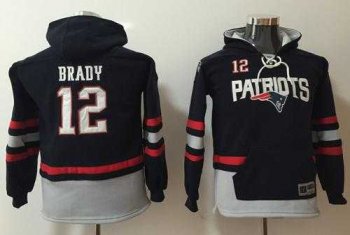 Youth Nike New England Patriots #12 Tom Brady Navy Blue Grey Name & Number Pullover NFL Hoodie