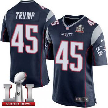 Youth Nike New England Patriots #45 Donald Trump Navy Blue Team Color Super Bowl LI 51 Stitched NFL New Elite Jersey