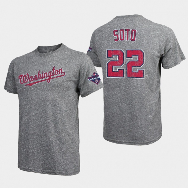 Men's Juan Soto #22 Heather Gray Washington Nationals 2019 World Series Champions Tri-Blend Name & Number T-Shirt