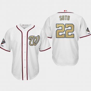 Men's Washington Nationals World Series Champions Juan Soto #22 White 2019 Gold Program Cool Base Jersey