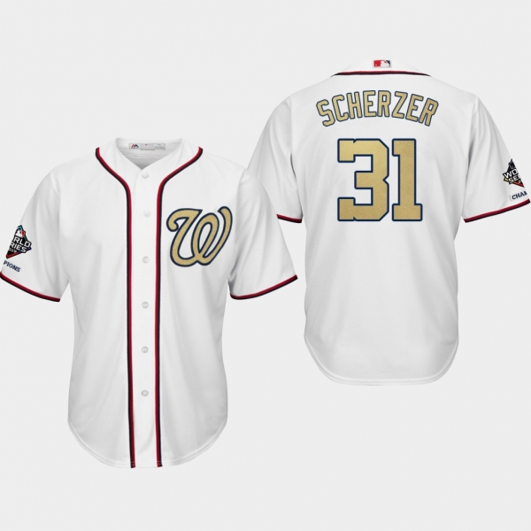 Men's Washington Nationals World Series Champions Max Scherzer #31 White 2019 Gold Program Cool Base Jersey