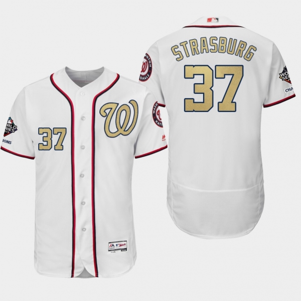 Men's Washington Nationals World Series Champions Stephen Strasburg #37 White 2019 Gold Program Flex Base Jersey