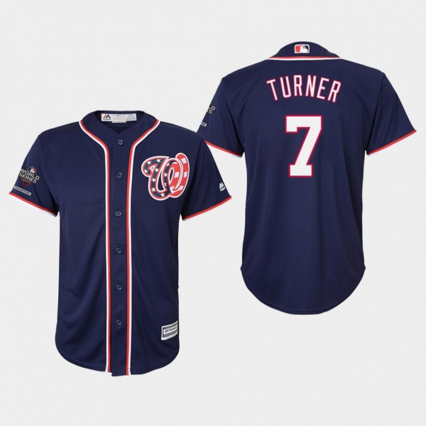 Youth Washington Nationals Trea Turner #7 2019 World Series Champions Cool Base Navy Jersey