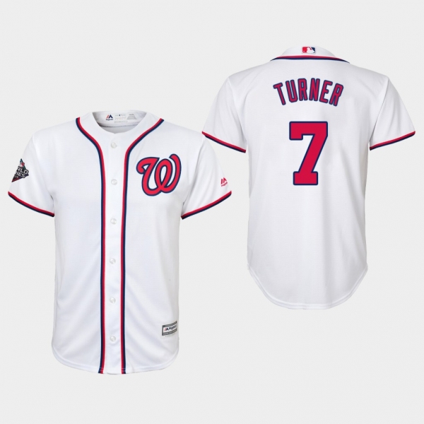 Youth Trea Turner #7 White 2019 World Series Bound Washington Nationals Cool Base Jersey