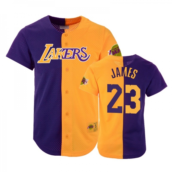 Los Angeles Lakers LeBron James #23 Purple Gold Split Mesh Button Jersey