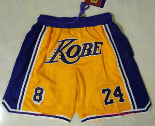 Men's Los Angeles Lakers #8 #24 Kobe Bryant Yellow With Purple Number Just Don Swingman Throwback Shorts