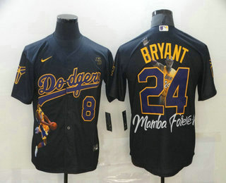 Men's Los Angeles Dodgers Front #8 Back #24 Kobe Bryant Black With KB Patch Cool Base Stitched MLB Fashion Jersey