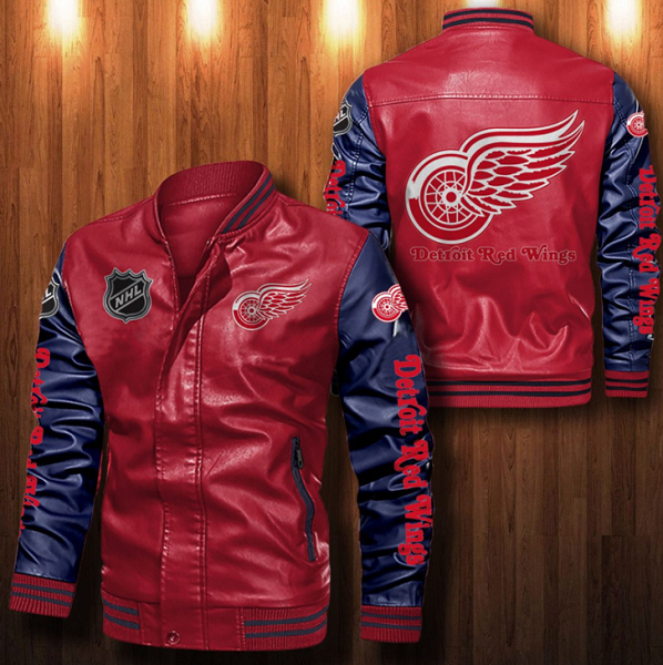 Detroit Red Wings Red Navy Blue NHL New Leather Bomber Jacket