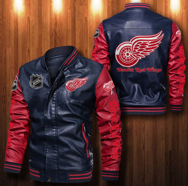 Detroit Red Wings Navy Blue Red NHL New Leather Bomber Jacket