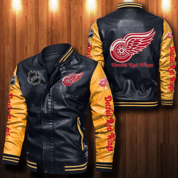 Detroit Red Wings Black Yellow NHL New Leather Bomber Jacket