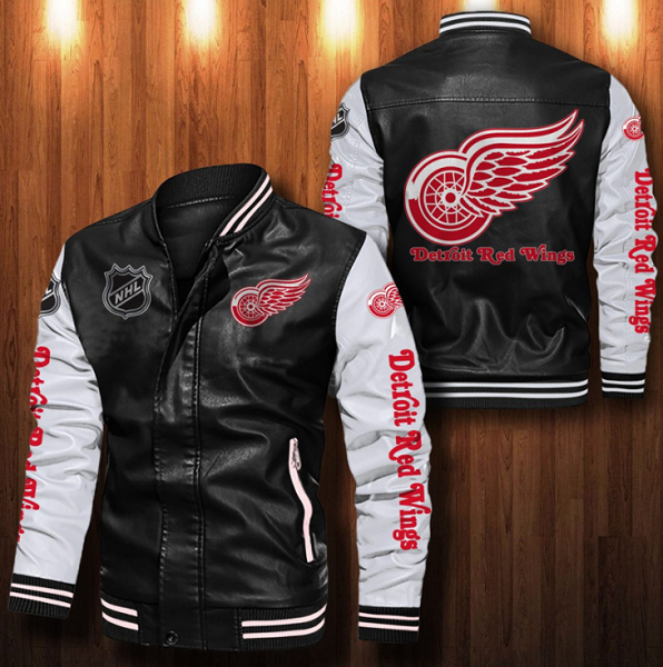 Detroit Red Wings Black White NHL New Leather Bomber Jacket