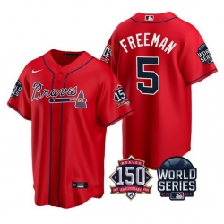 Men Atlanta Braves 5 Freddie Freeman 2021 Red World Series With 150th Anniversary Patch Cool Base Stitched Jersey