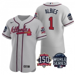 Men Atlanta Braves 1 Ozzie Albies 2021 Gray World Series With 150th Anniversary Patch Stitched Baseball Jersey