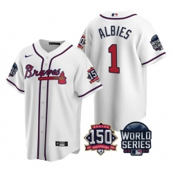 Men Atlanta Braves 1 Ozzie Albies 2021 White World Series With 150th Anniversary Patch Cool Base Stitched Jersey