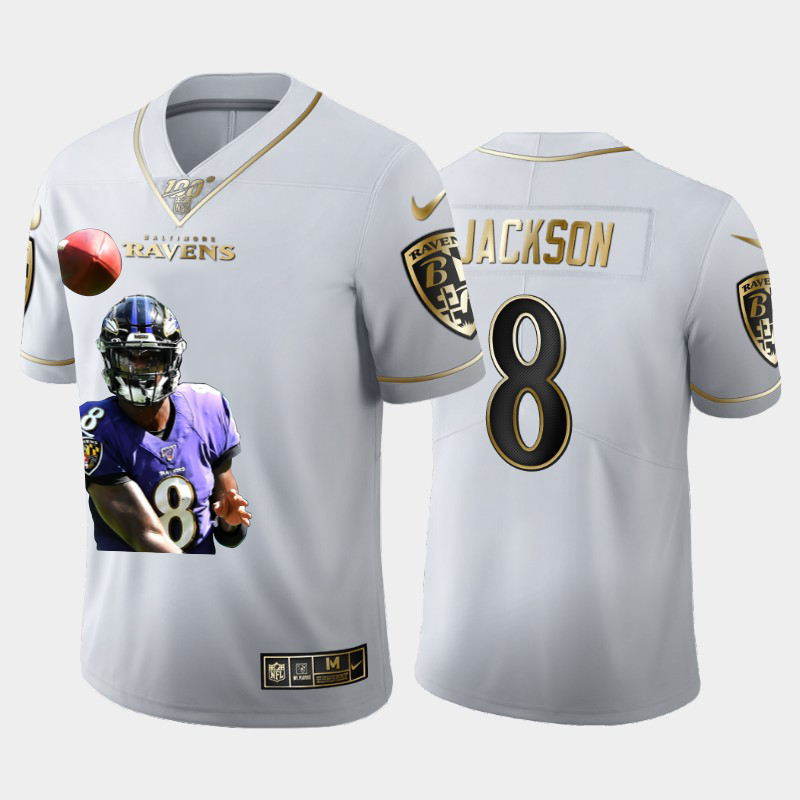 Baltimore Ravens #8 Lamar Jackson Nike Team Hero 6 Vapor Limited NFL 100 Jersey White Golden