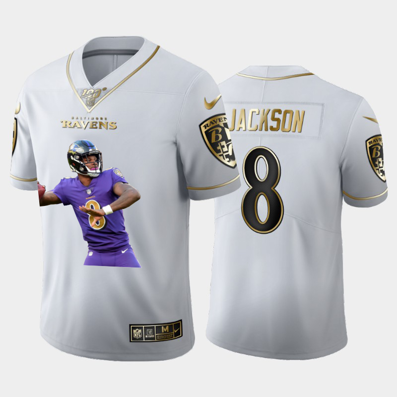 Baltimore Ravens #8 Lamar Jackson Nike Team Hero 2 Vapor Limited NFL 100 Jersey White Golden