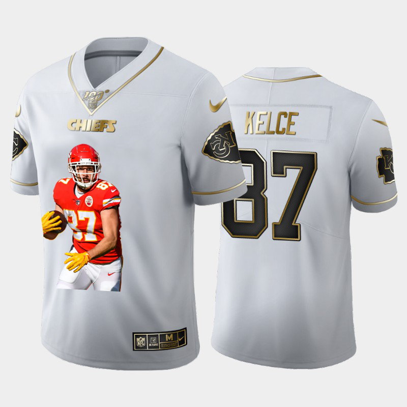 Kansas City Chiefs #87 Travis Kelce Nike Team Hero Vapor Limited NFL 100 Jersey White Golden