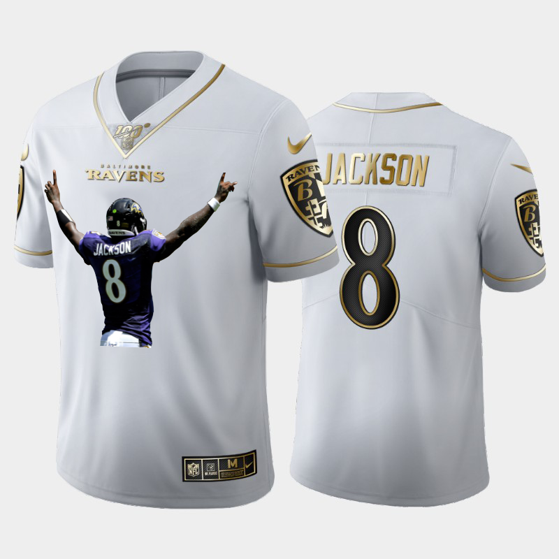 Baltimore Ravens #8 Lamar Jackson Nike Team Hero 4 Vapor Limited NFL 100 Jersey White Golden