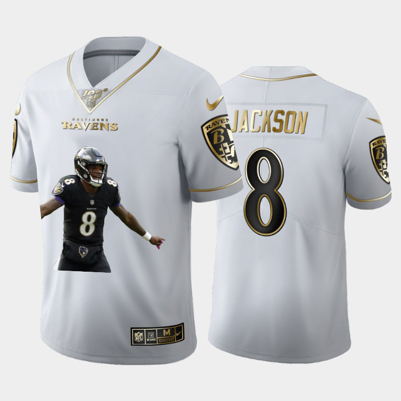 Baltimore Ravens #8 Lamar Jackson Nike Team Hero 7 Vapor Limited NFL 100 Jersey White Golden