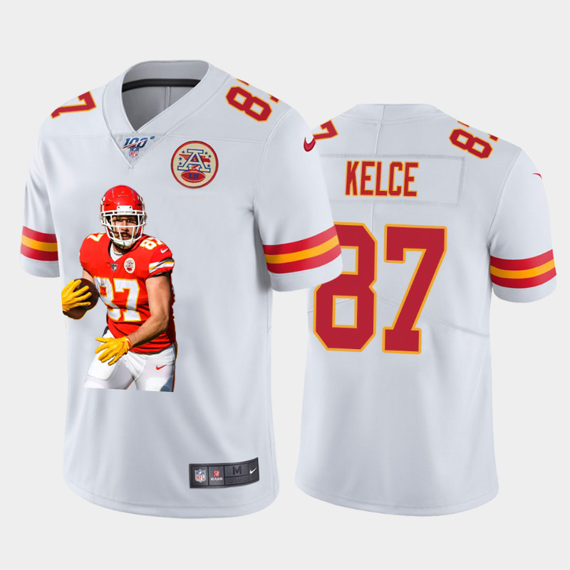 Kansas City Chiefs #87 Travis Kelce Nike Team Hero Vapor Limited NFL 100 Jersey White Golden