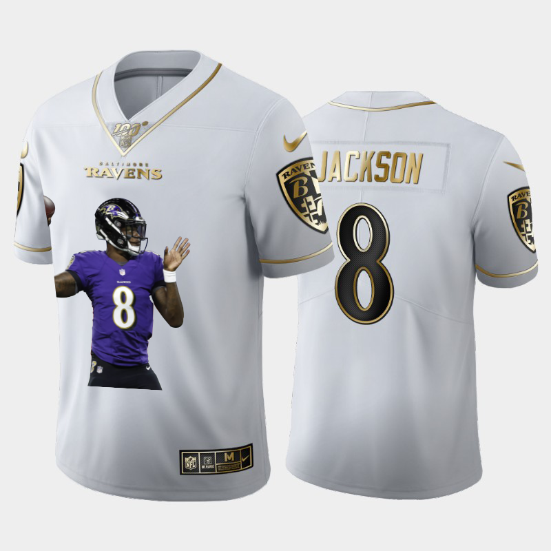 Baltimore Ravens #8 Lamar Jackson Nike Team Hero Vapor Limited NFL 100 Jersey White Golden