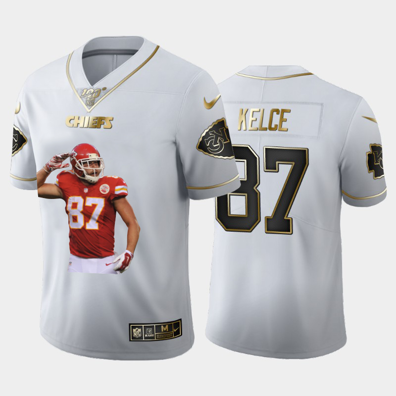 Kansas City Chiefs #87 Travis Kelce Nike Team Hero 8 Vapor Limited NFL 100 Jersey White Golden