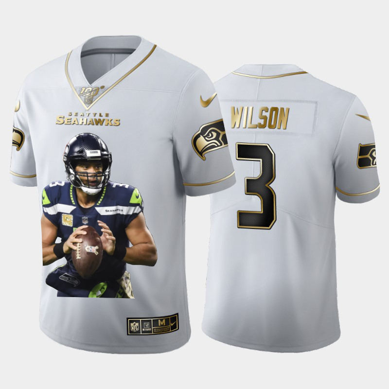 Seattle Seahawks #3 Russell Wilson Nike Team Hero Vapor Limited NFL 100 Jersey White Golden